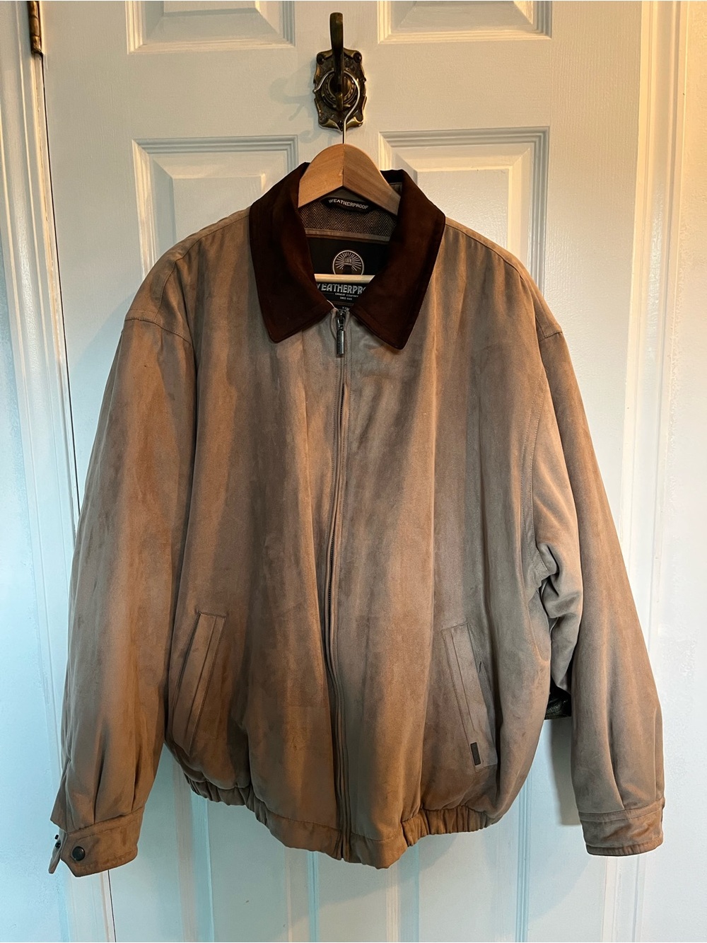 Weatherproof Taupe Suede Bomber Jacket with Dark Brown Collar